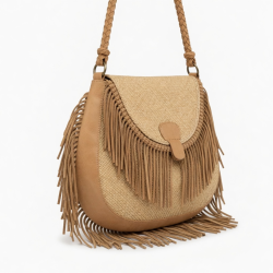 Straw Bag Leather Boho Fringe Purse