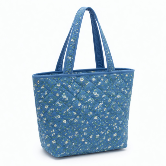 Handmade Quilted Tote Bag Blue Floral Cotton Shoulder